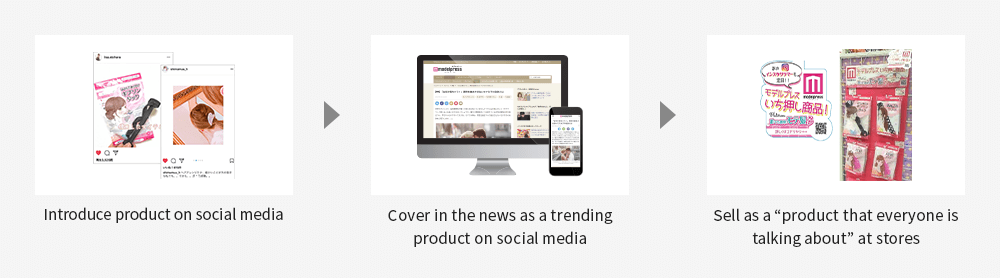 Introduce product on social media  Cover in the news as a trending product on social media  Sell as a “product that everyone is talking about” at stores