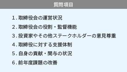 質問項目 1.取締役会の運営状況 2.取締役会の役割・監督機能 3.投資家やその他ステークホルダーの意見尊重 4.取締役に対する支援体制 5.自身の貢献・関与の状況 6.前年度課題の改善